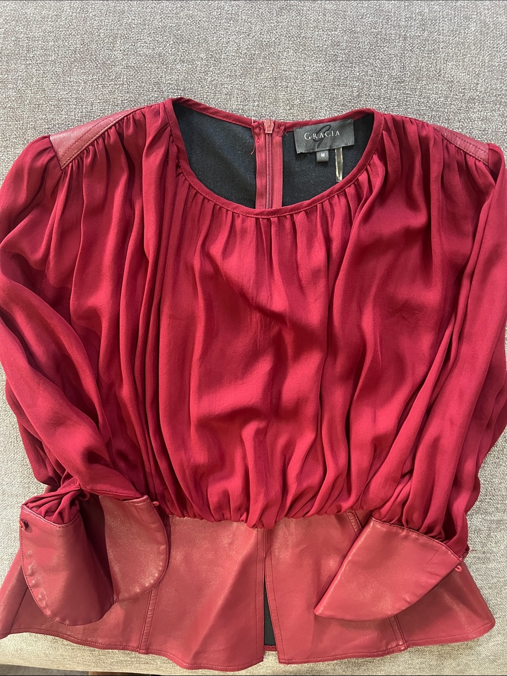 Gracia Women's Crimson Pleated Blouse Dress with Faux-Leather Peplum